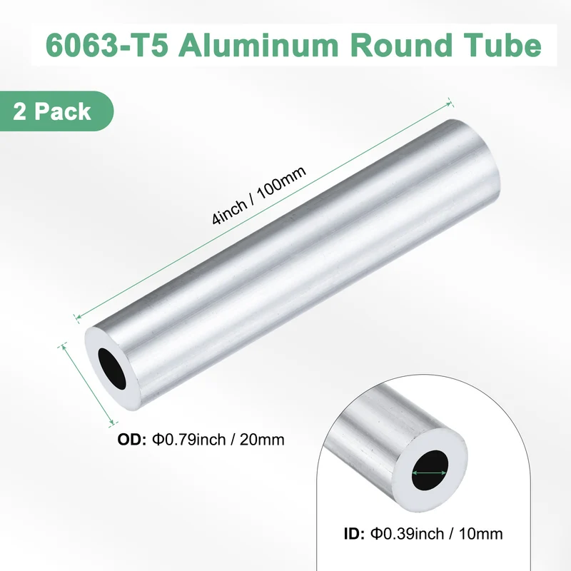 2-Pack 6063 Aluminum Round Tube, 10mmx20mm(IDxOD) 100mm Length Straight Tubing