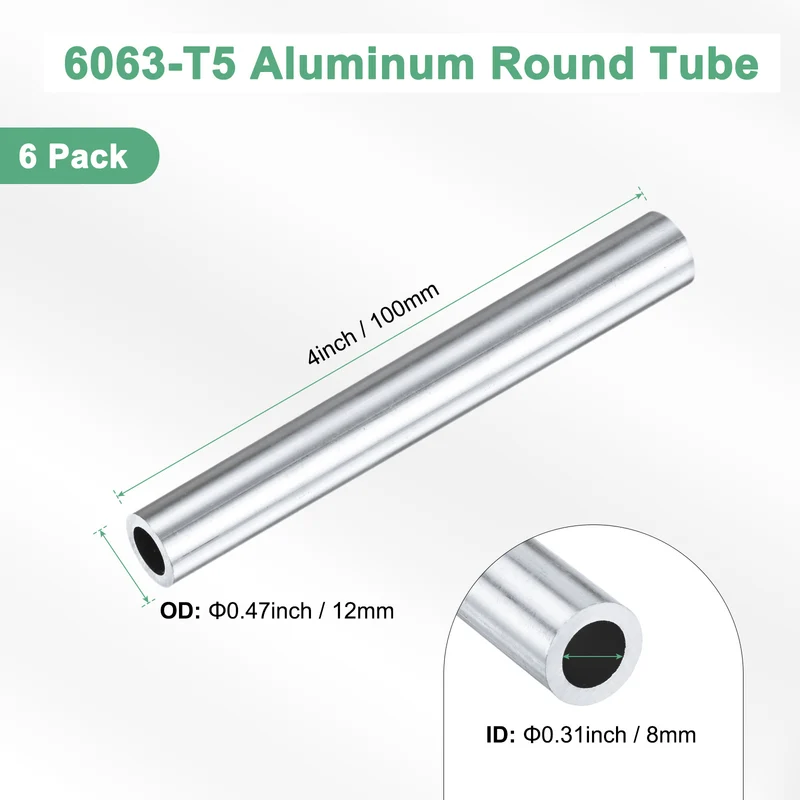 6-Pack 6063 Aluminum Round Tube, 8mmx12mm(IDxOD) 100mm Length Straight Tubing