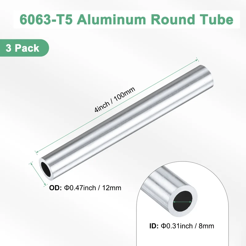 3-Pack 6063 Aluminum Round Tube, 8mmx12mm(IDxOD) 100mm Length Straight Tubing