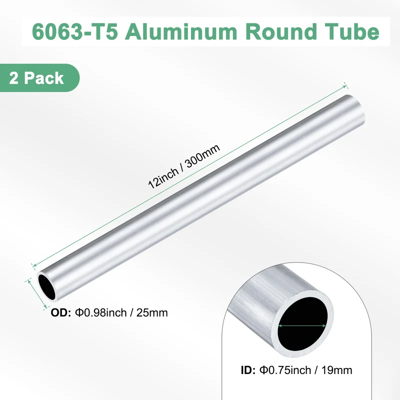 2-Pack 6063 Aluminum Round Tube, 19mmx25mm(IDxOD) 300mm Length Straight Tubing