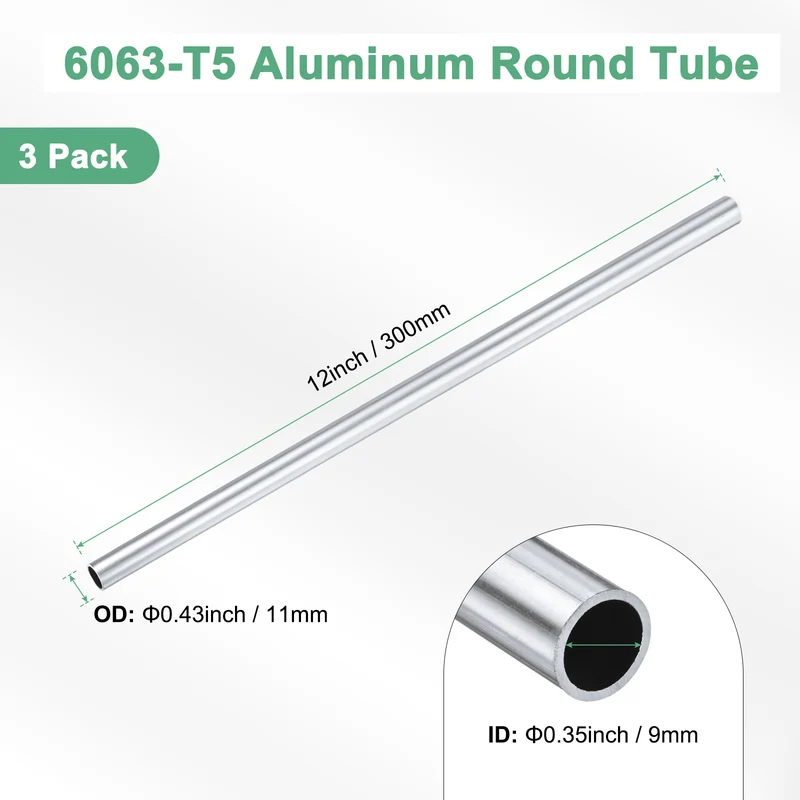 3-Pack 6063 Aluminum Round Tube, 9mmx11mm(IDxOD) 300mm Length Straight Tubing