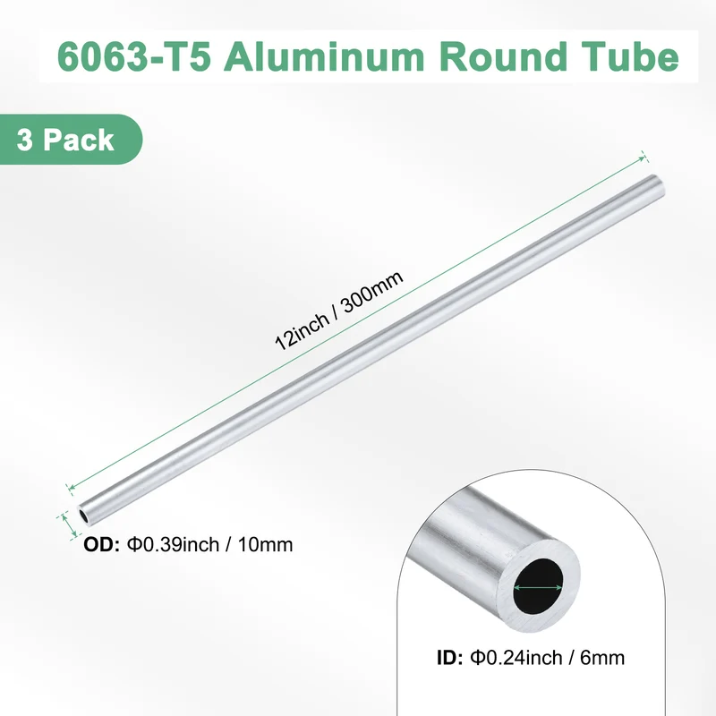 3-Pack 6063 Aluminum Round Tube, 6mmx10mm(IDxOD) 300mm Length Straight Tubing
