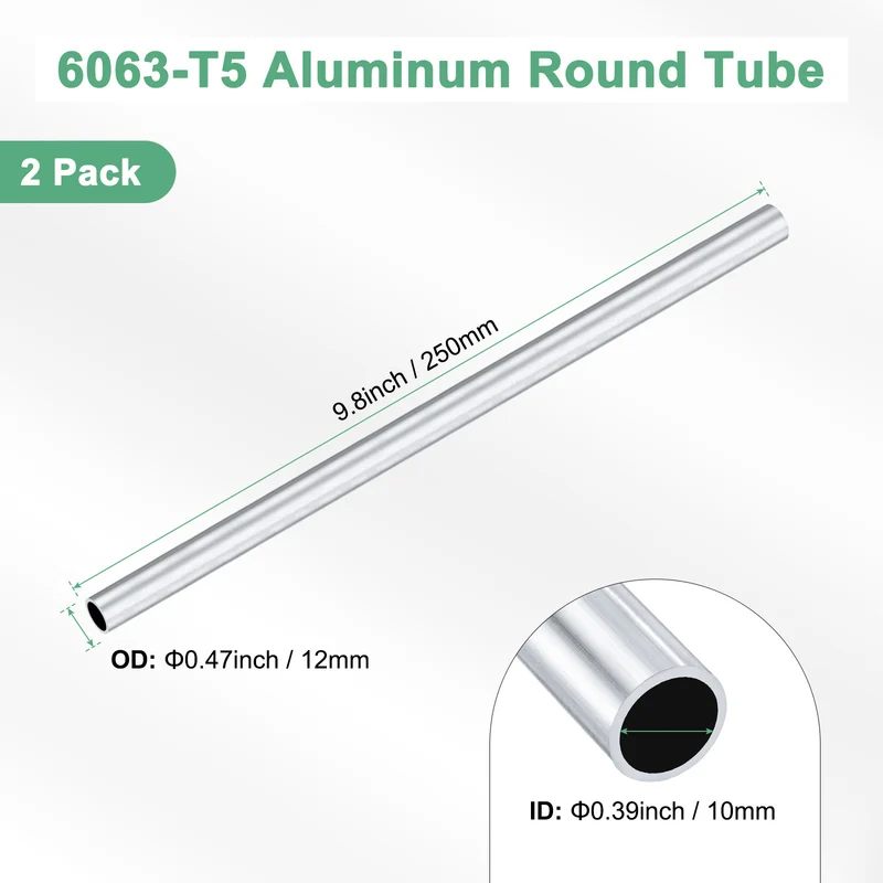 2-Pack 6063 Aluminum Round Tube, 10mmx12mm(IDxOD) 250mm Length Straight Tubing