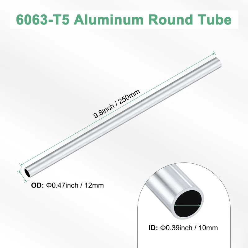 1-Pack 6063 Aluminum Round Tube, 10mmx12mm(IDxOD) 250mm Length Straight Tubing