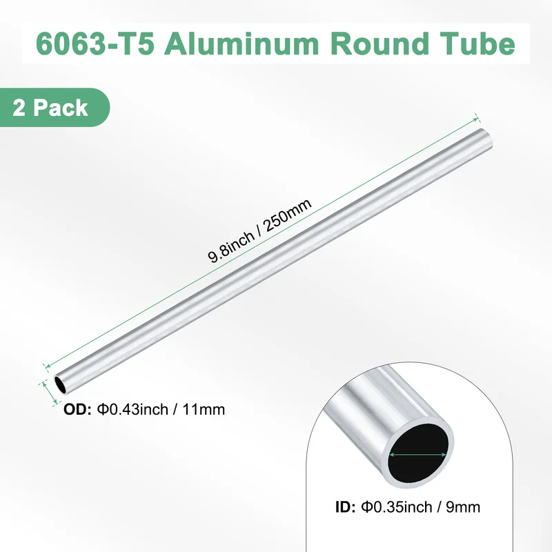 2-Pack 6063 Aluminum Round Tube, 9mmx11mm(IDxOD) 250mm Length Straight Tubing