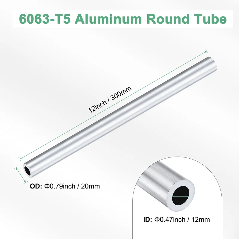 1-Pack 6063 Aluminum Round Tube, 12mmx20mm(IDxOD) 300mm Length Straight Tubing
