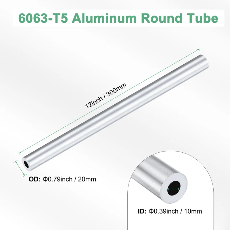 1-Pack 6063 Aluminum Round Tube, 10mmx20mm(IDxOD) 300mm Length Straight Tubing