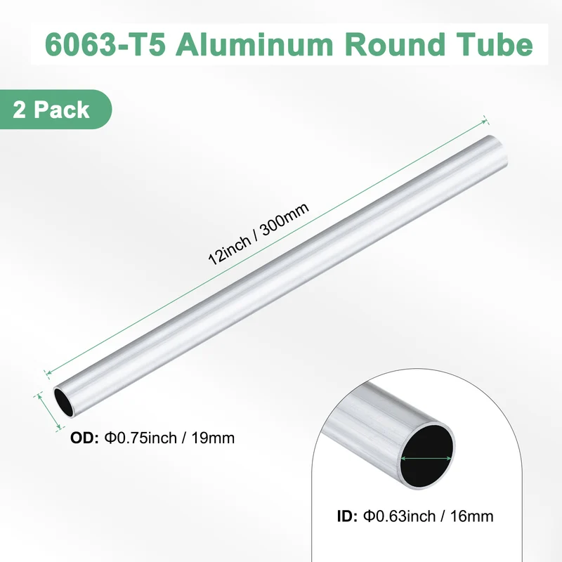 2-Pack 6063 Aluminum Round Tube, 16mmx19mm(IDxOD) 300mm Length Straight Tubing