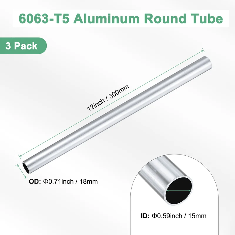 3-Pack 6063 Aluminum Round Tube, 15mmx18mm(IDxOD) 300mm Length Straight Tubing