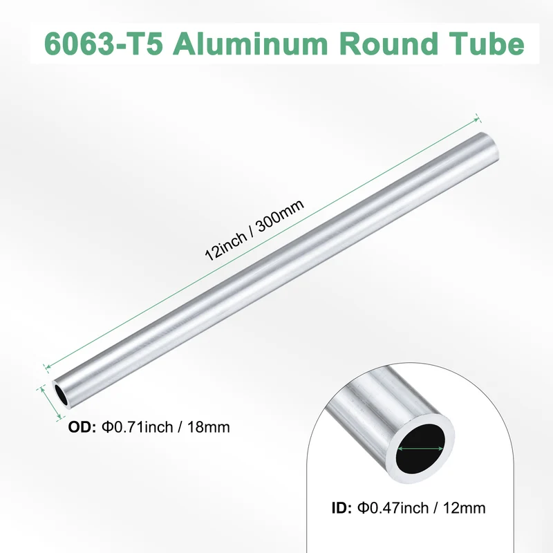 1-Pack 6063 Aluminum Round Tube, 12mmx18mm(IDxOD) 300mm Length Straight Tubing