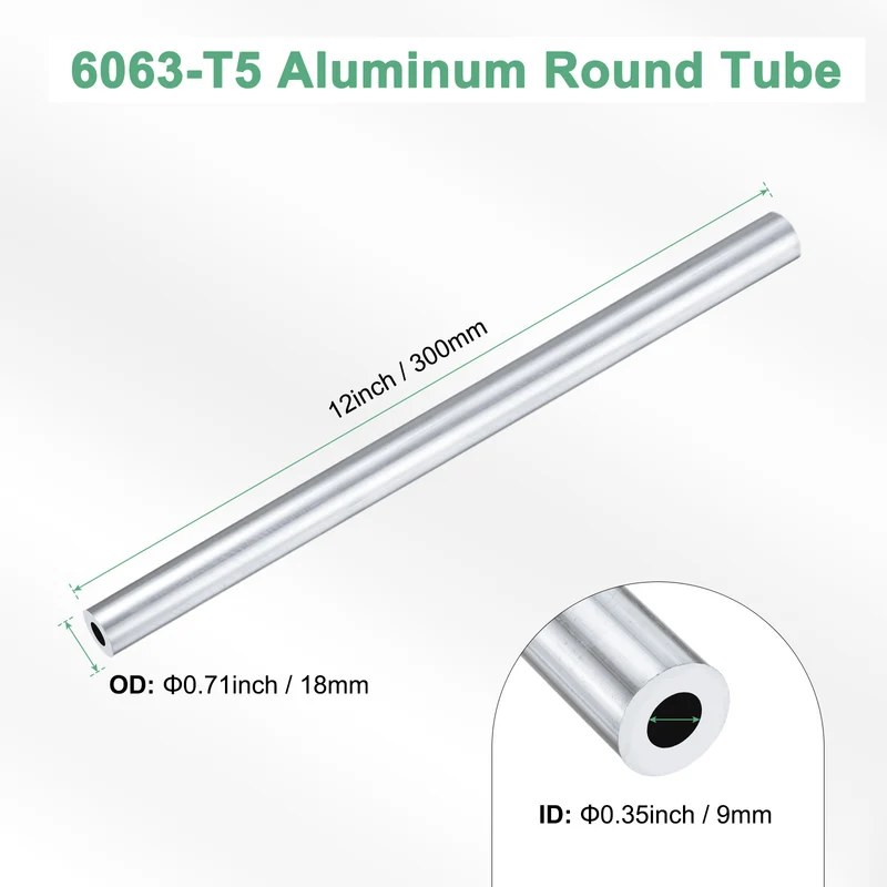 1-Pack 6063 Aluminum Round Tube, 9mmx18mm(IDxOD) 300mm Length Straight Tubing