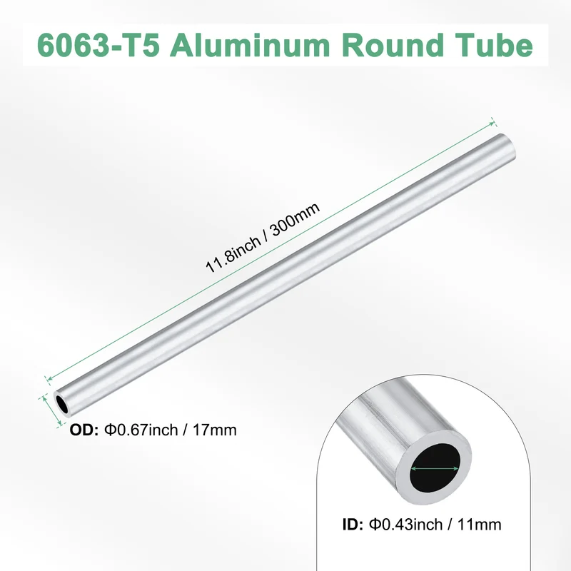 1-Pack 6063 Aluminum Round Tube, 11mmx17mm(IDxOD) 300mm Length Straight Tubing