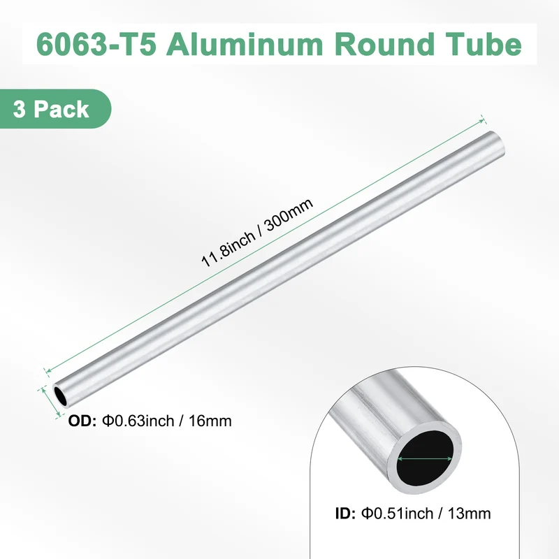 3-Pack 6063 Aluminum Round Tube, 13mmx16mm(IDxOD) 300mm Length Straight Tubing