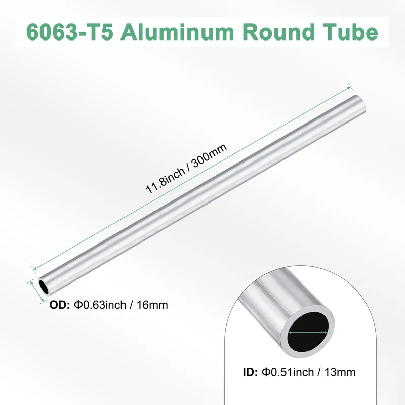 1-Pack 6063 Aluminum Round Tube, 13mmx16mm(IDxOD) 300mm Length Straight Tubing
