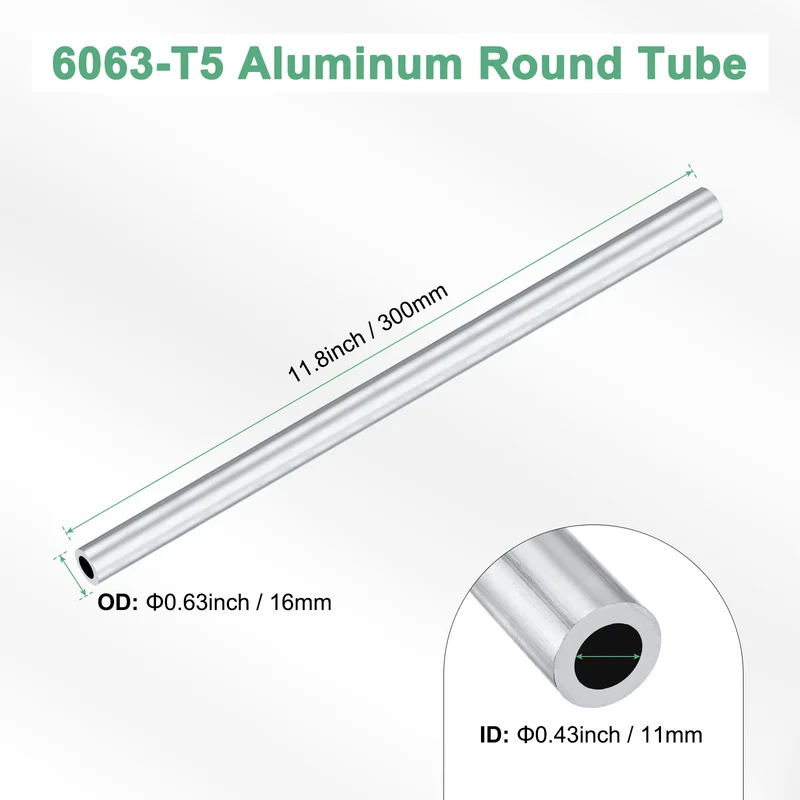 1-Pack 6063 Aluminum Round Tube, 11mmx16mm(IDxOD) 300mm Length Straight Tubing