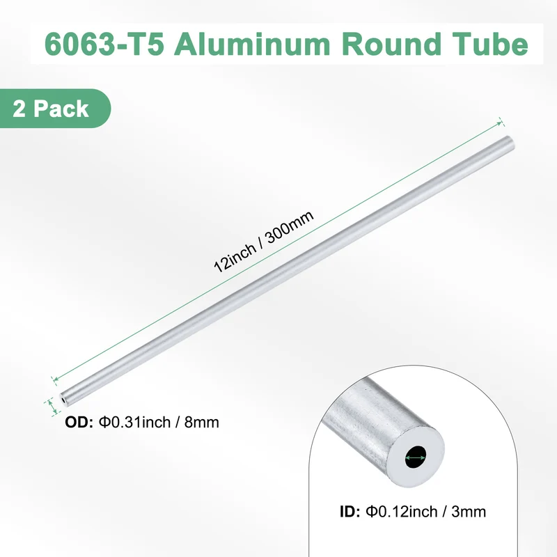 2-Pack 6063 Aluminum Round Tube, 3mmx8mm(IDxOD) 300mm Length Straight Tubing
