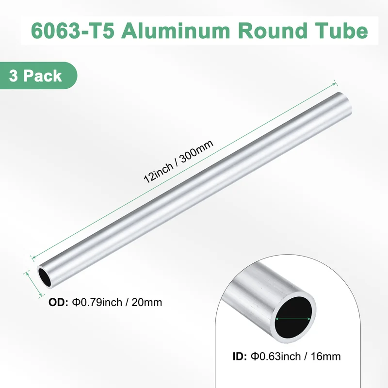 3-Pack 6063 Aluminum Round Tube, 16mmx20mm(IDxOD) 300mm Length Straight Tubing