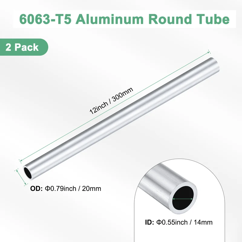 2-Pack 6063 Aluminum Round Tube, 14mmx20mm(IDxOD) 300mm Length Straight Tubing