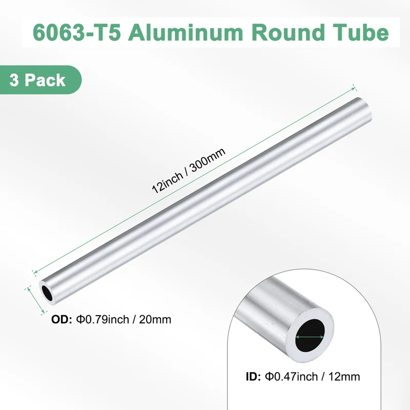 3-Pack 6063 Aluminum Round Tube, 12mmx20mm(IDxOD) 300mm Length Straight Tubing
