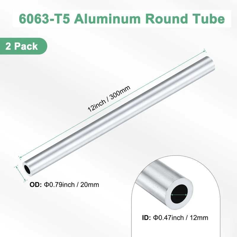 2-Pack 6063 Aluminum Round Tube, 12mmx20mm(IDxOD) 300mm Length Straight Tubing
