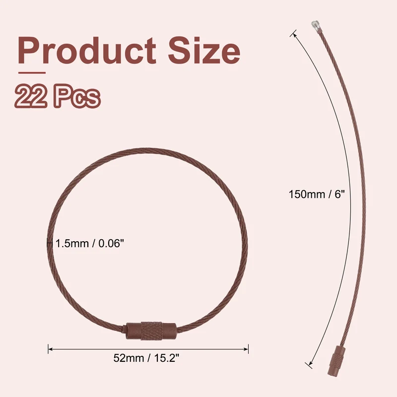 22Pcs Wire Keychain Cable 6 Inch Metal Wire Key Ring Loop Brown