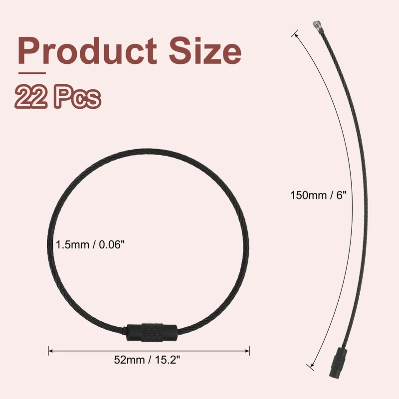 22Pcs Wire Keychain Cable 6 Inch Metal Wire Key Ring Loop Black