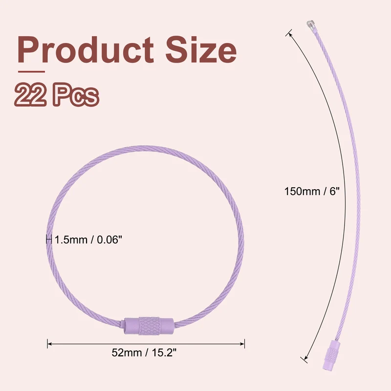 22Pcs Wire Keychain Cable 6 Inch Metal Wire Key Ring Loop Light Purple