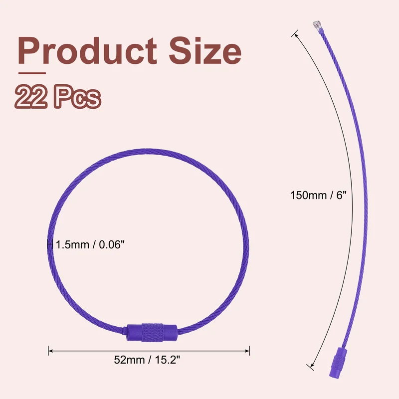 22 Pcs Wire Keychain Cable, 6 Inch Metal Wire Key Ring Loop, Dark Purple
