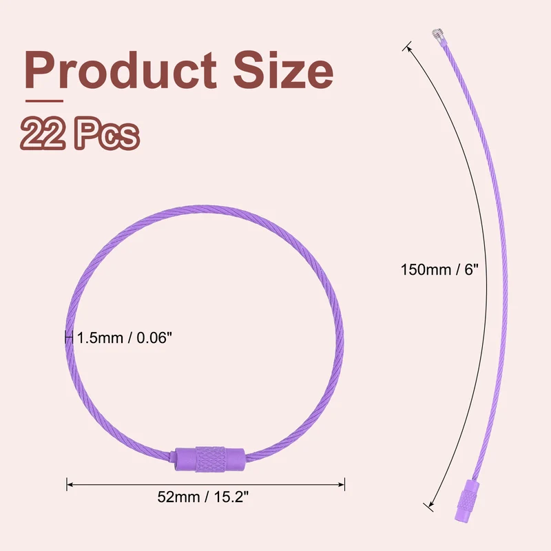 22 Pcs Wire Keychain Cable, 6 Inch Metal Wire Key Ring Loop, Purple