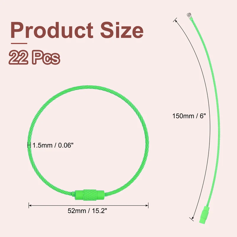22Pcs Wire Keychain Cable 6 Inch Metal Wire Key Ring Loop Light Green