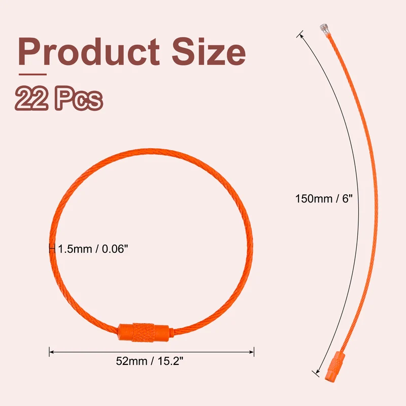 22Pcs Wire Keychain Cable 6 Inch Metal Wire Key Ring Loop Dark Orange