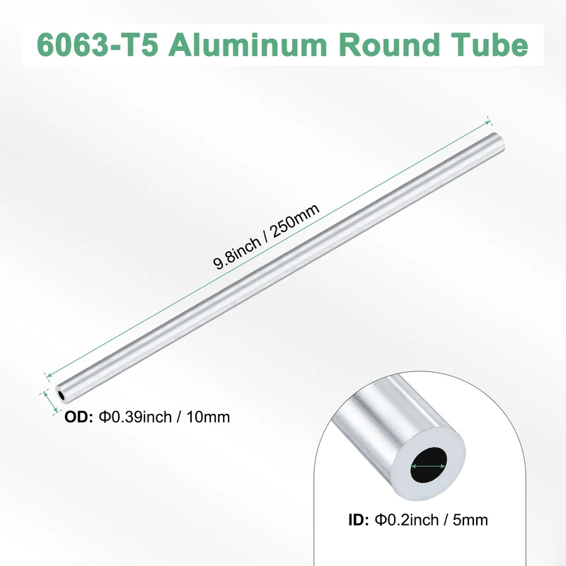 1-Pack 6063 Aluminum Round Tube, 5mmx10mm(IDxOD) 250mm Length Straight Tubing