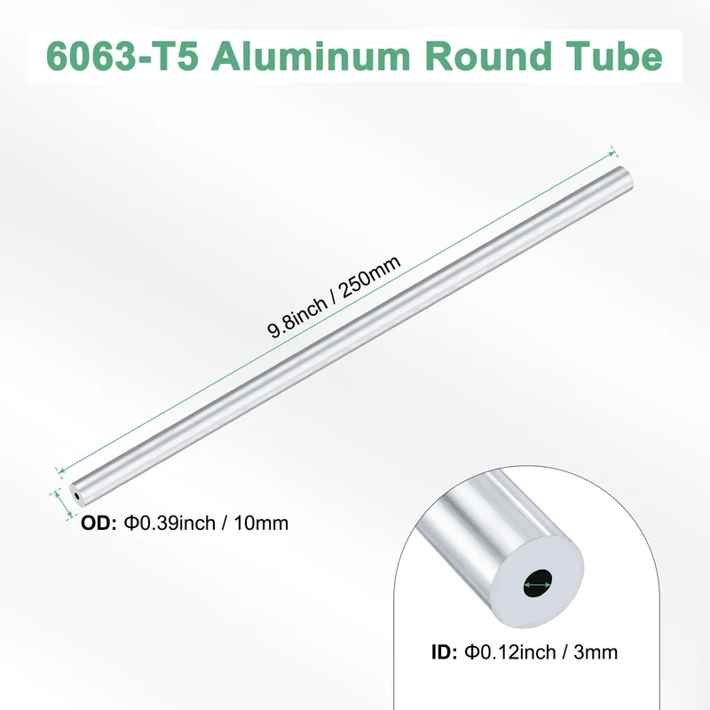 1-Pack 6063 Aluminum Round Tube, 3mmx10mm(IDxOD) 250mm Length Straight Tubing