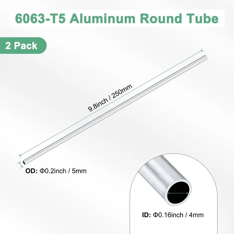 2-Pack 6063 Aluminum Round Tube, 4mmx5mm(IDxOD) 250mm Length Straight Tubing