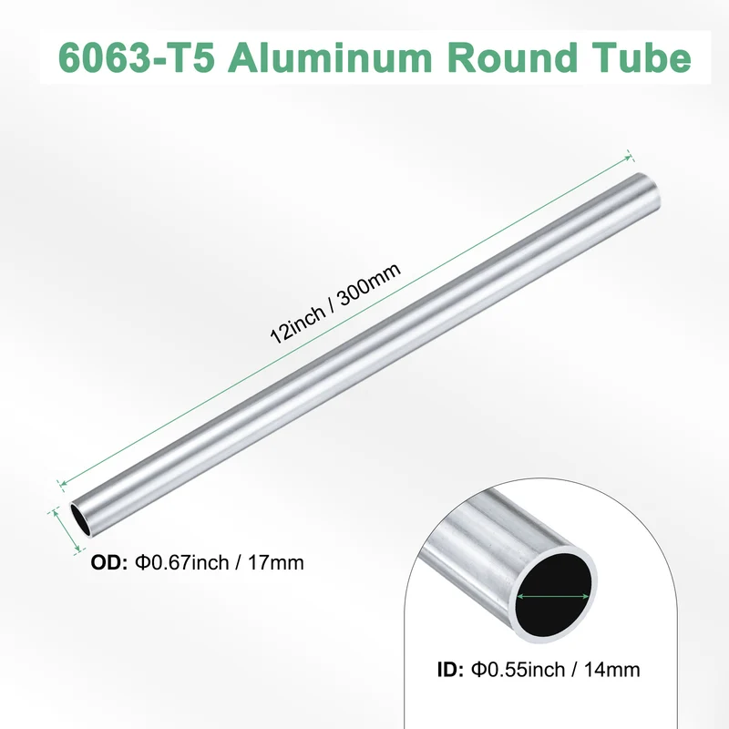 1-Pack 6063 Aluminum Round Tube, 14mmx17mm(IDxOD) 300mm Length Straight Tubing
