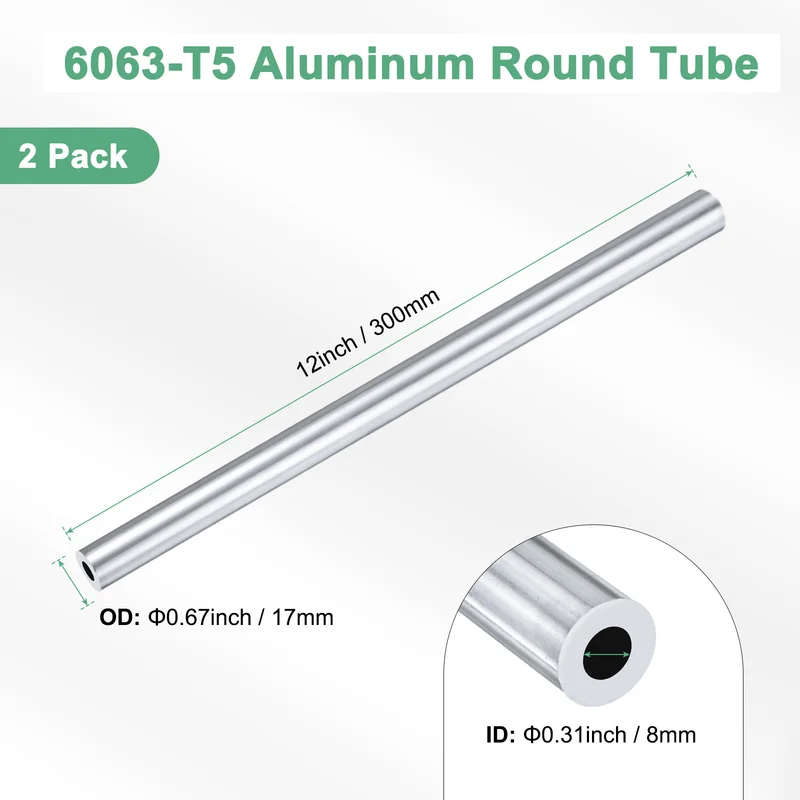 2-Pack 6063 Aluminum Round Tube, 8mmx17mm(IDxOD) 300mm Length Straight Tubing