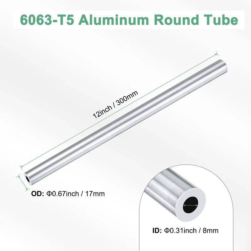 1-Pack 6063 Aluminum Round Tube, 8mmx17mm(IDxOD) 300mm Length Straight Tubing