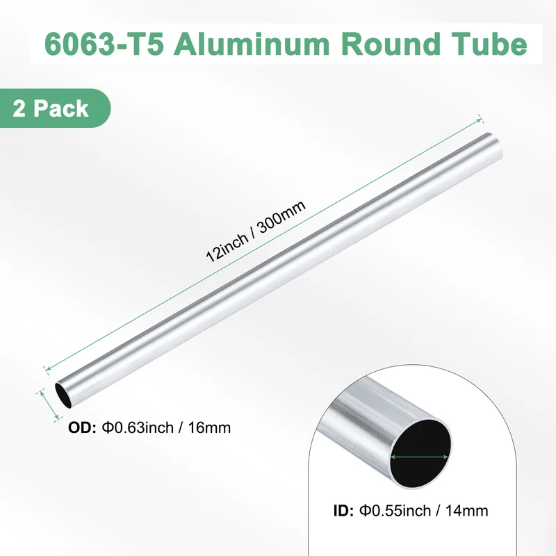 2-Pack 6063 Aluminum Round Tube, 14mmx16mm(IDxOD) 300mm Length Straight Tubing