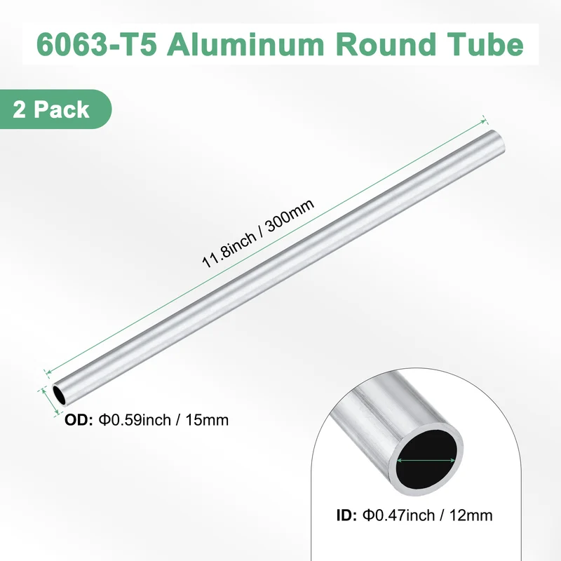 2-Pack 6063 Aluminum Round Tube, 12mmx15mm(IDxOD) 300mm Length Straight Tubing