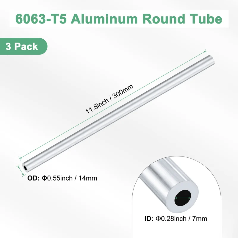 3-Pack 6063 Aluminum Round Tube, 7mmx14mm(IDxOD) 300mm Length Straight Tubing