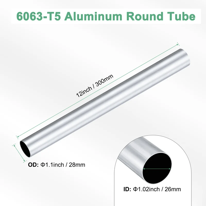 1-Pack 6063 Aluminum Round Tube, 26mmx28mm(IDxOD) 300mm Length Straight Tubing
