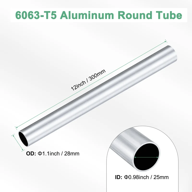 1-Pack 6063 Aluminum Round Tube, 25mmx28mm(IDxOD) 300mm Length Straight Tubing