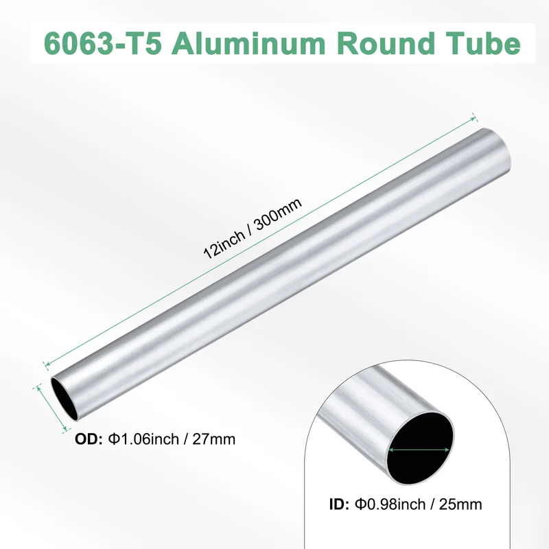 1-Pack 6063 Aluminum Round Tube, 25mmx27mm(IDxOD) 300mm Length Straight Tubing