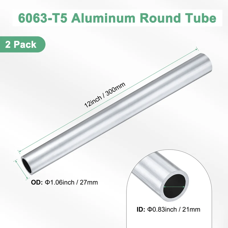 2-Pack 6063 Aluminum Round Tube, 21mmx27mm(IDxOD) 300mm Length Straight Tubing