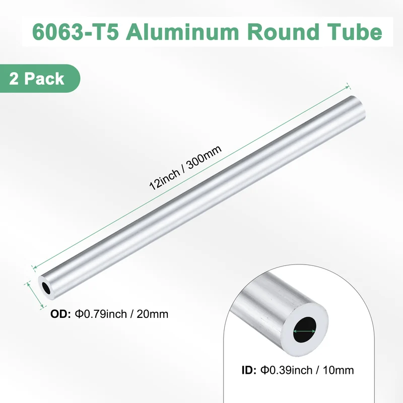 2-Pack 6063 Aluminum Round Tube, 10mmx20mm(IDxOD) 300mm Length Straight Tubing