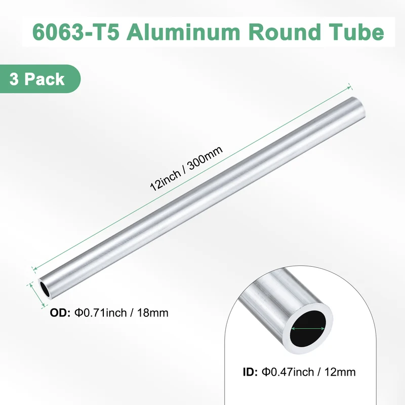 3-Pack 6063 Aluminum Round Tube, 12mmx18mm(IDxOD) 300mm Length Straight Tubing