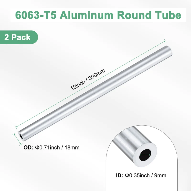 2-Pack 6063 Aluminum Round Tube, 9mmx18mm(IDxOD) 300mm Length Straight Tubing
