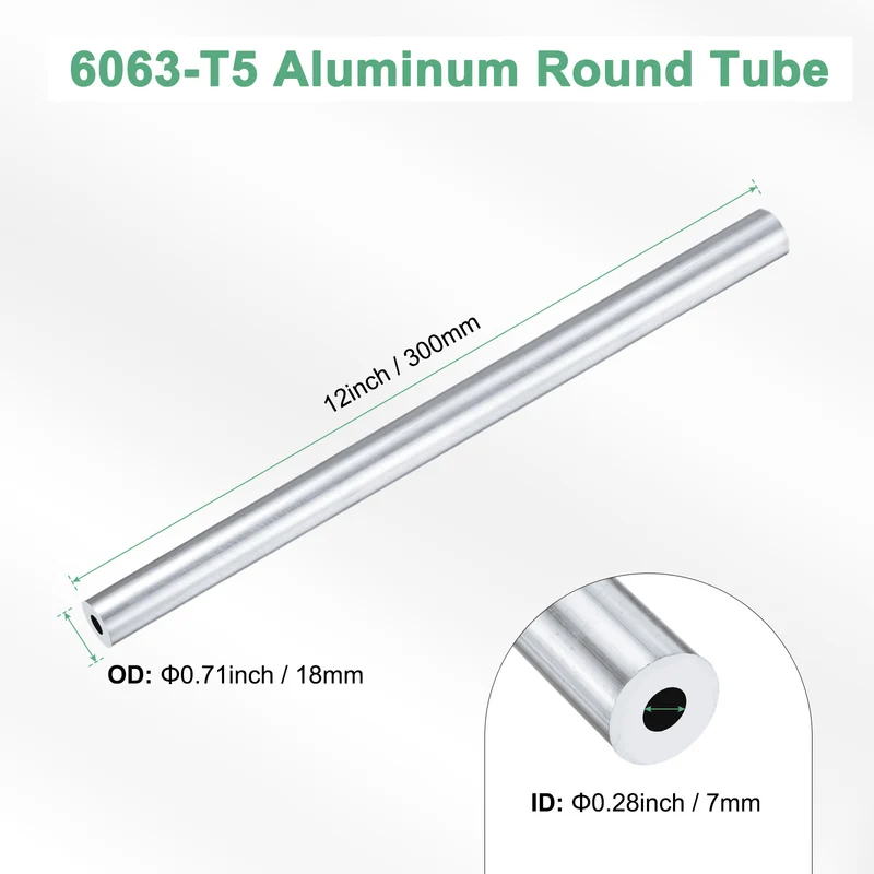 1-Pack 6063 Aluminum Round Tube, 7mmx18mm(IDxOD) 300mm Length Straight Tubing