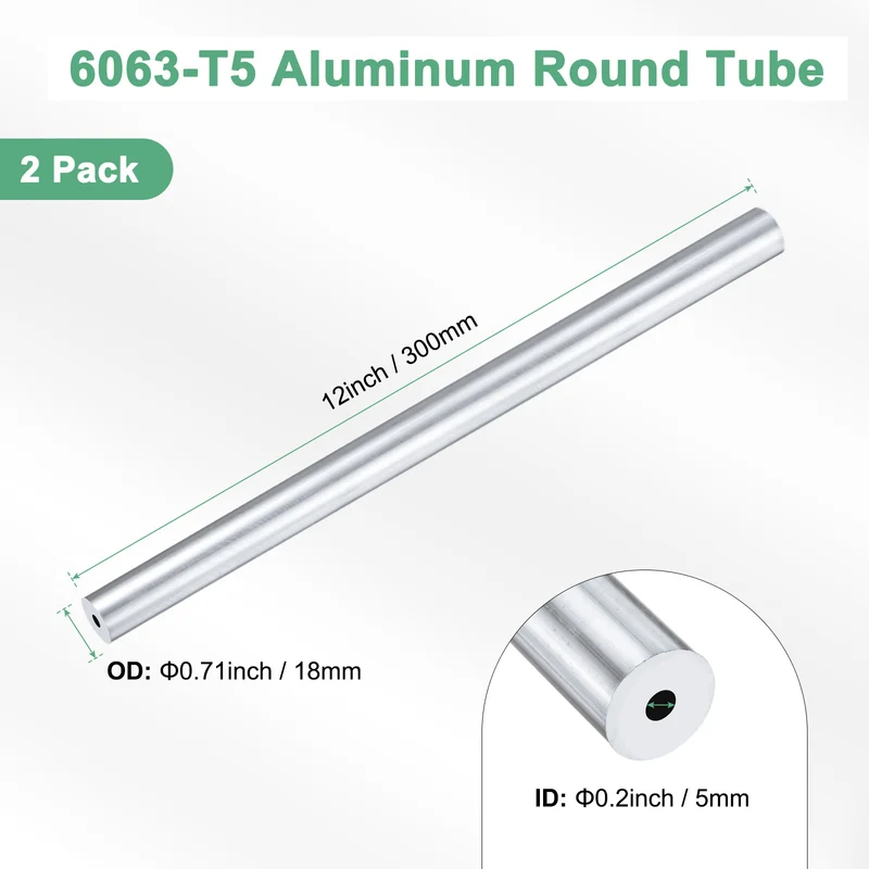 2-Pack 6063 Aluminum Round Tube, 5mmx18mm(IDxOD) 300mm Length Straight Tubing