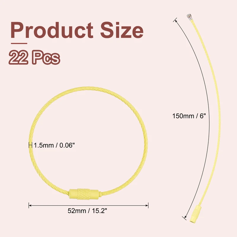 22 Pcs Wire Keychain Cable, 6 Inch Metal Wire Key Ring Loop, Light Yellow